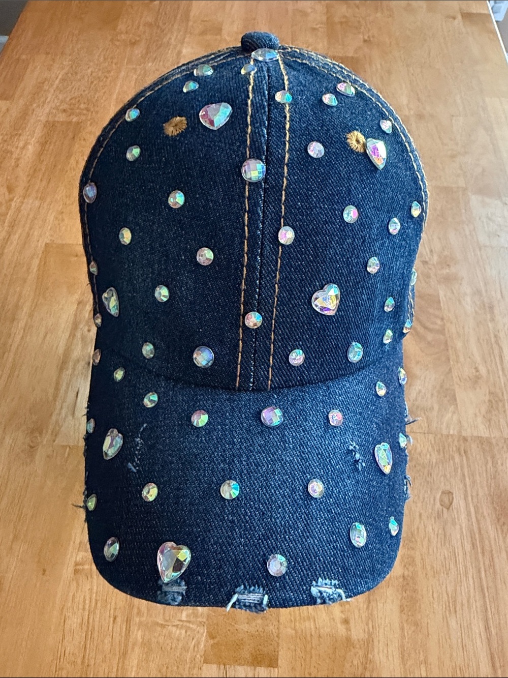 Denim Baseball Cap with Iridescent Rhinestones - Blue
